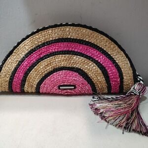 Rebecca Minkoff Woven Straw Taco Clutch Handbag Vacation Coastal Core Tassel